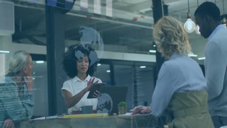 animation of data processing over business people working in office