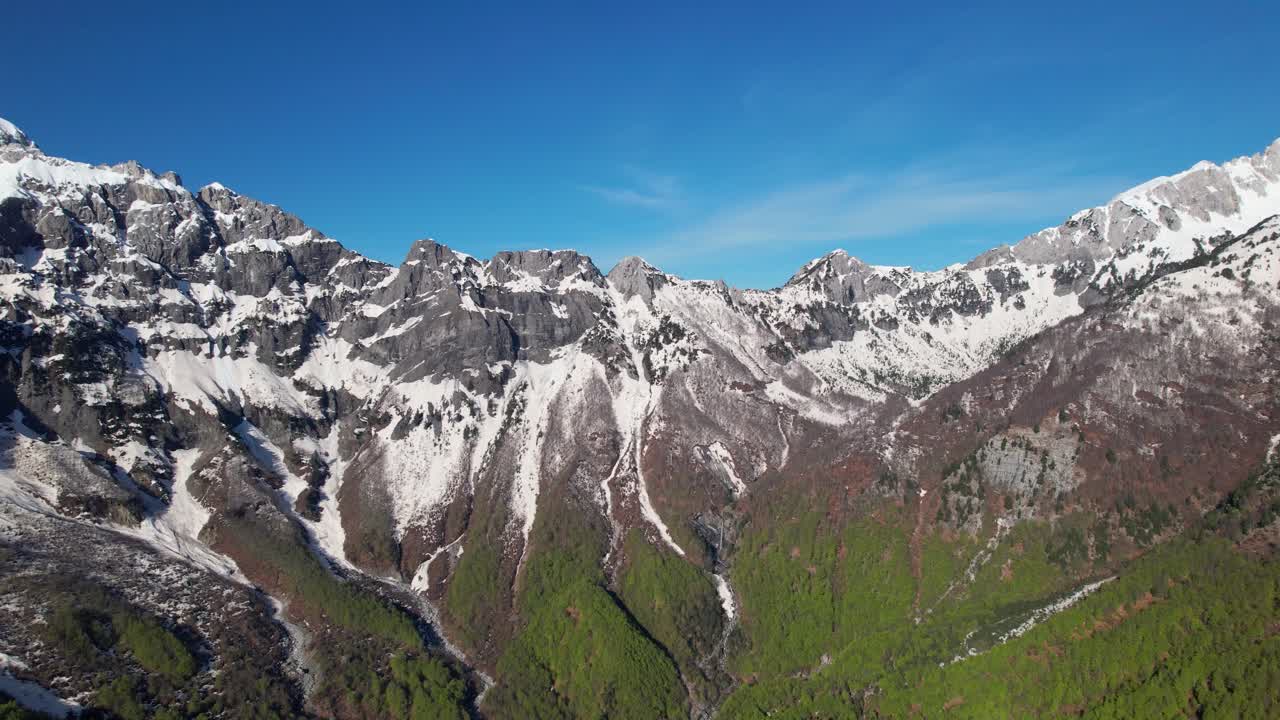 paisaje pacífico de montañas blancas y bosque salvaje verde bajo un cielo azul en los alpes albaneses