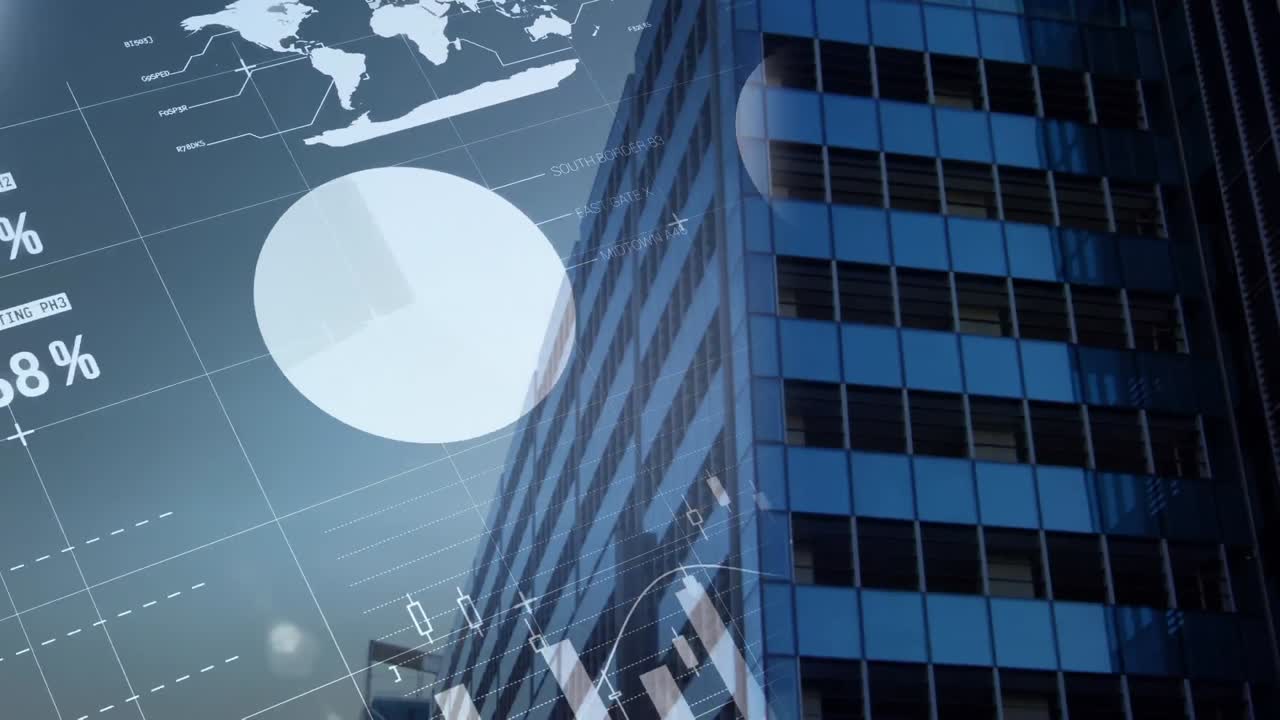 Statistical and financial data processing against tall building in background