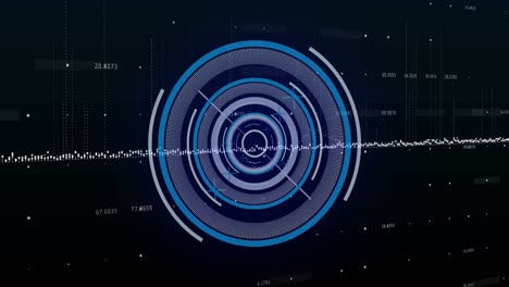 animation of neon round scanner over data processing against black background