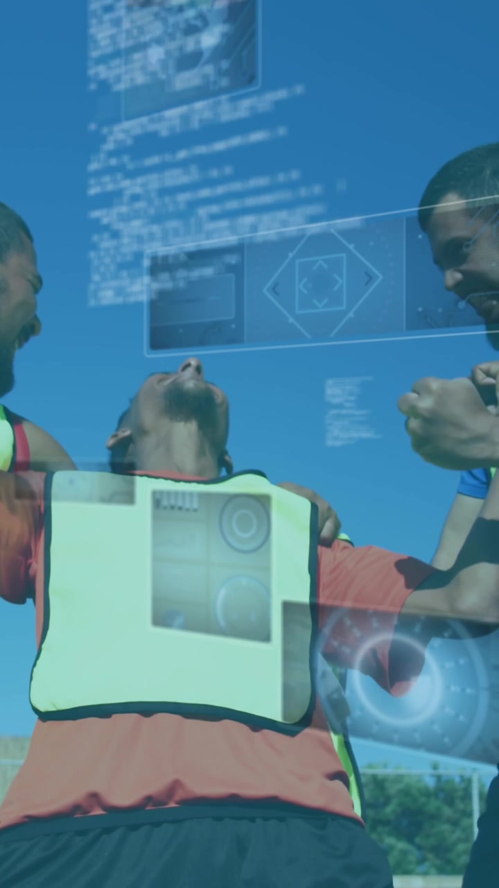 Animation of scopes and data processing on screens over male football players cheering