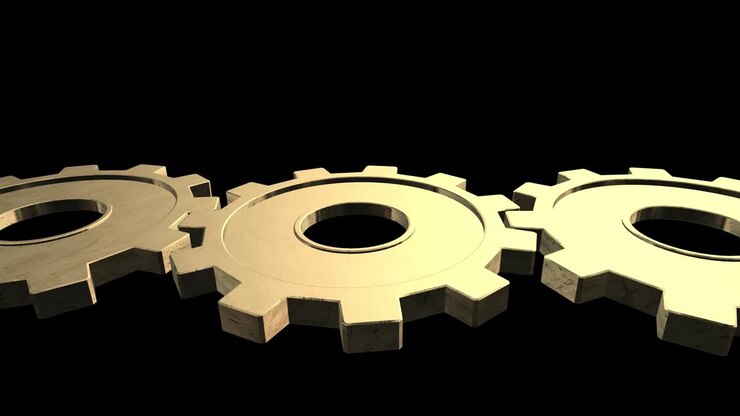 Gears spinning flies alone and become one gear. Black background. Alpha channel