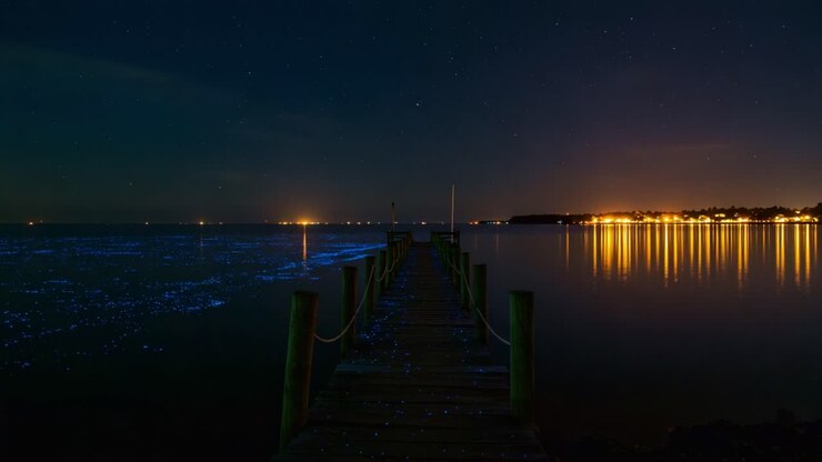 Ein ruhiger Abend am Pier: Fesselnde Ausblicke auf ein stilles Gewässer, beleuchtet von Sternen und biolumineszierenden Wellen in einer idyllischen Küstenlandschaft.