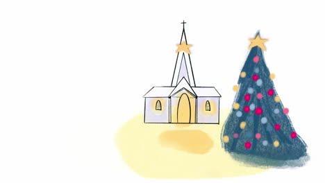 2 d hand drawn animation christmas holidays decoration on a christmas tree with church