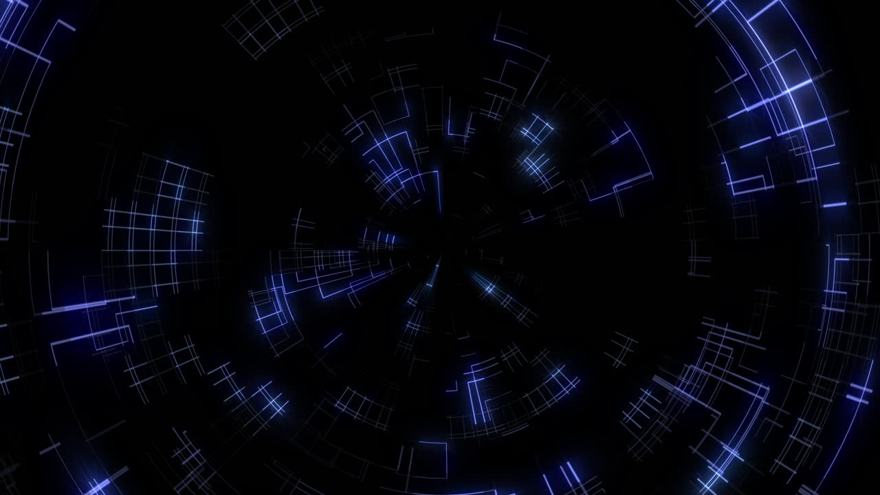 Computer screen with digital neon led lines and HUD elements with glitch effect