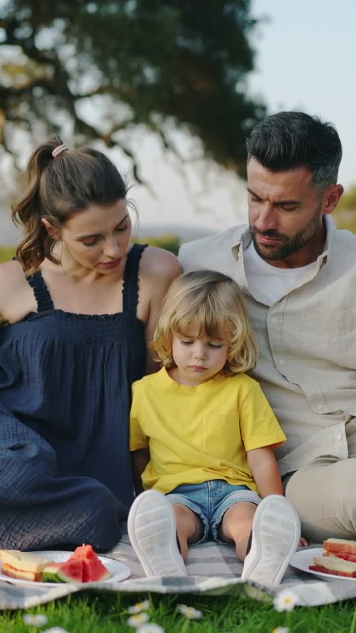 Video verticale: Un bambino piccolo con una maglietta gialla si allunga per prendere uno spuntino su un tappetino con del cibo, mentre i genitori si sporgono a guardare.