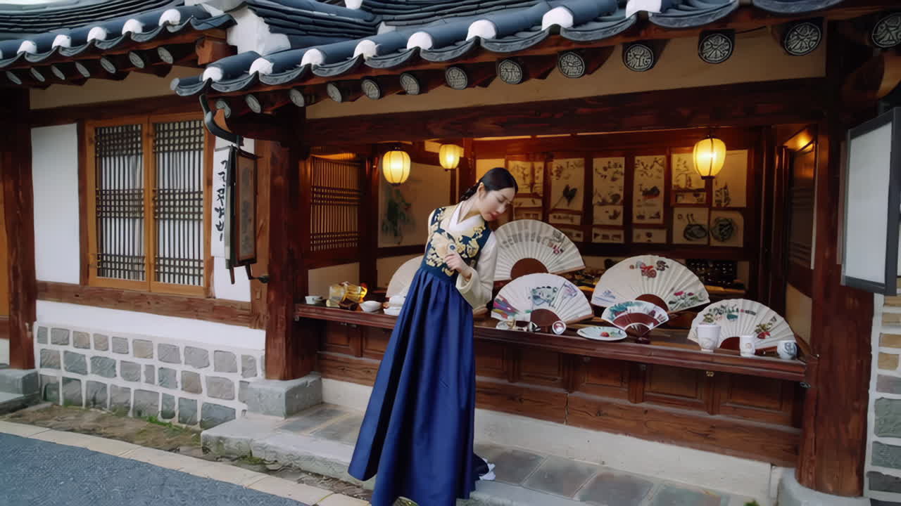 한국 전통 차집 에서 한복 을 입은 여자
