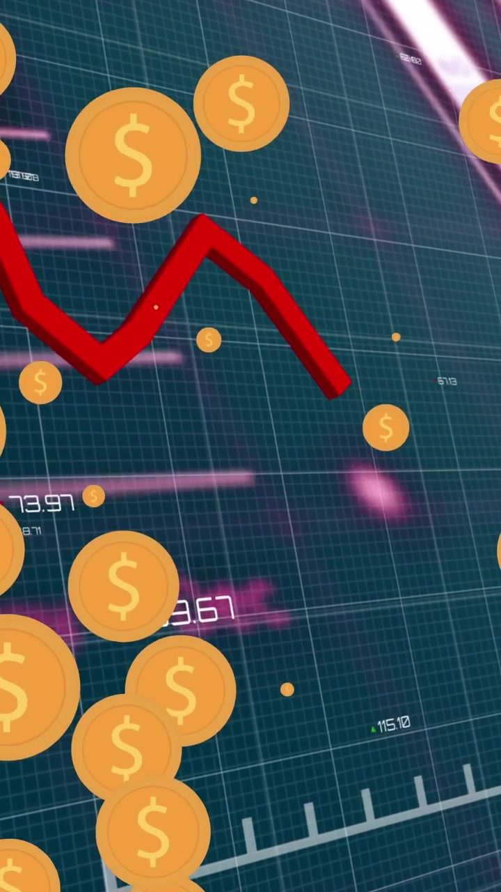 Multiple dollar symbol icons over statistical data processing against blue background