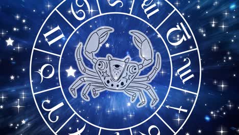 animation of cancer star sign symbol in spinning horoscope wheel over glowing stars