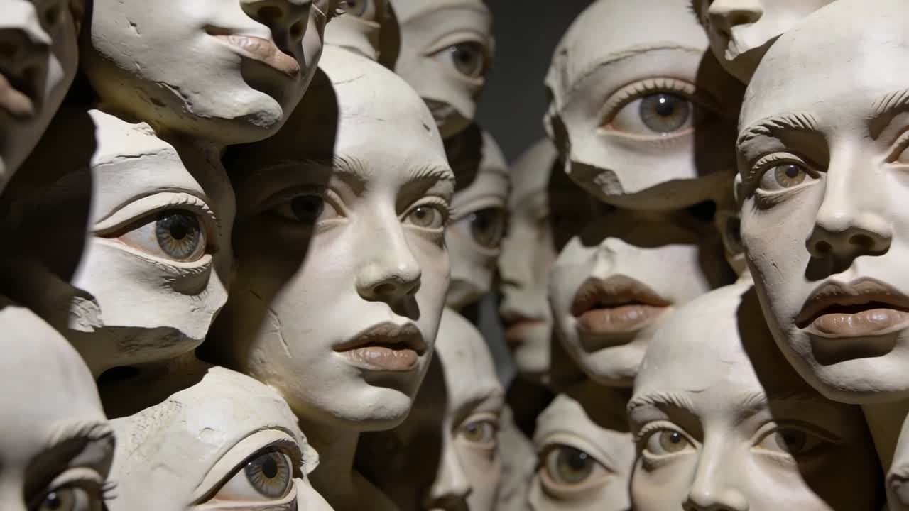 Telecamera che si allontana rivelando un gruppo di teste femminili in gesso in una galleria, mostrando frammenti di maschere.