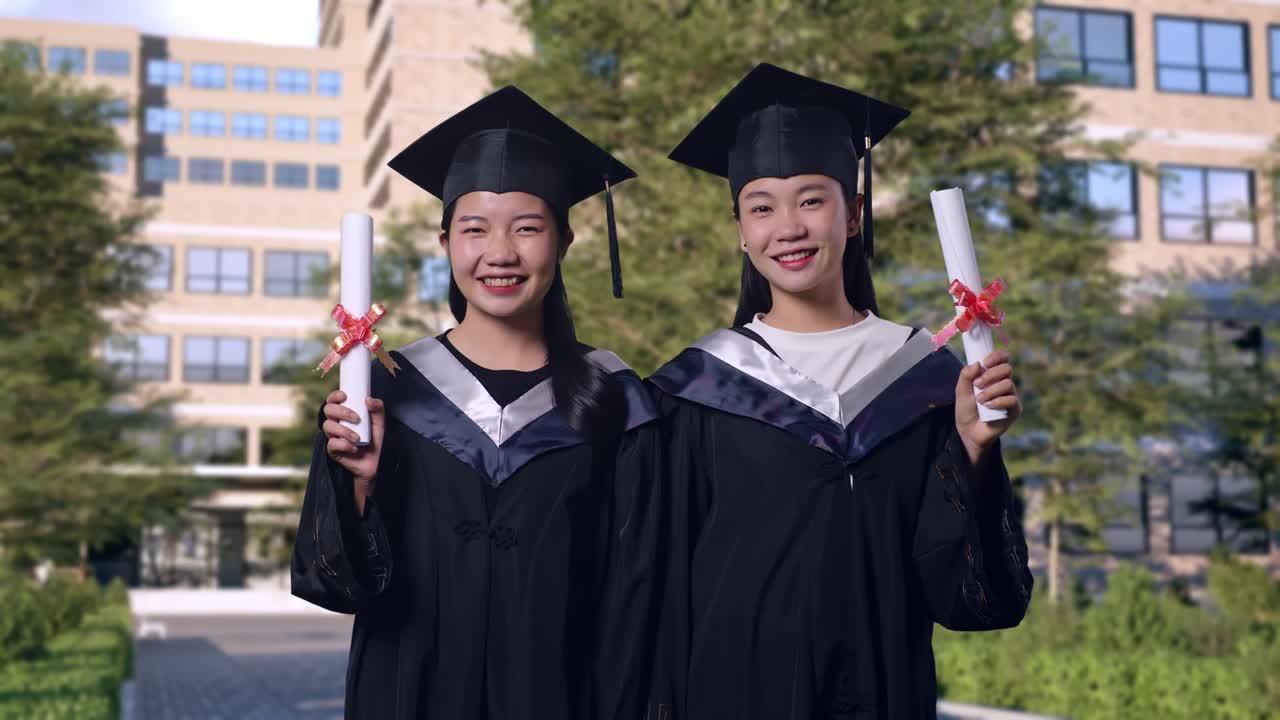 アジアの女性学生は帽子とガウンを着て卒業し笑顔で卒業証書を手に持って素晴らしい大学の建物の前でカメラに見せています
