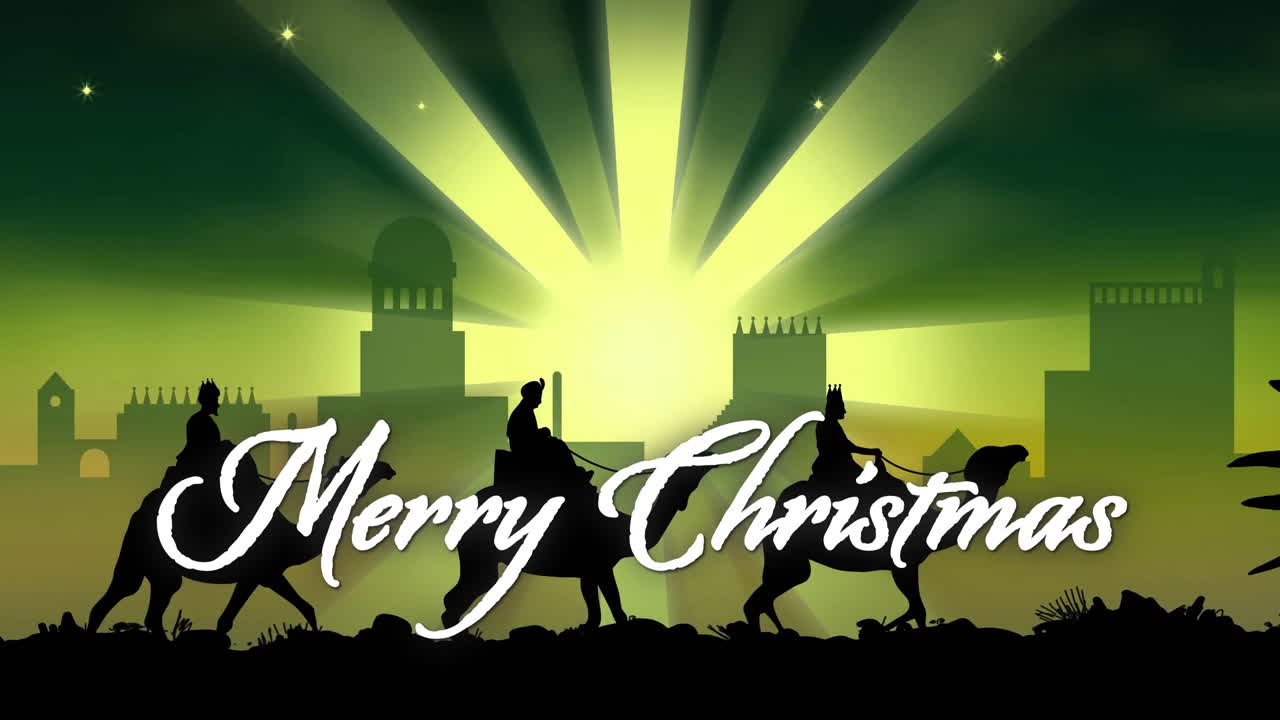 Animation of merry christmas text over christmas bethlehem on green background
