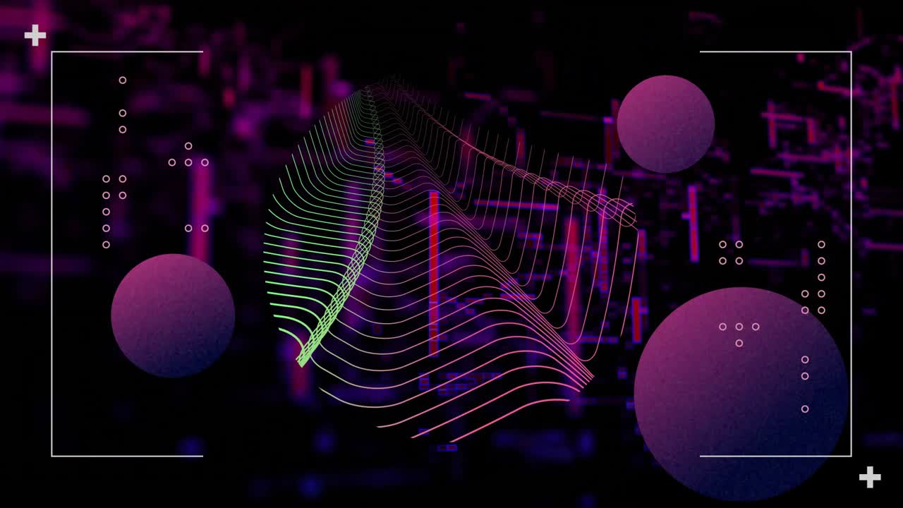 3D multicolored wavy contour mesh floating amid pixel glitch backdrop, showcasing magenta spheres