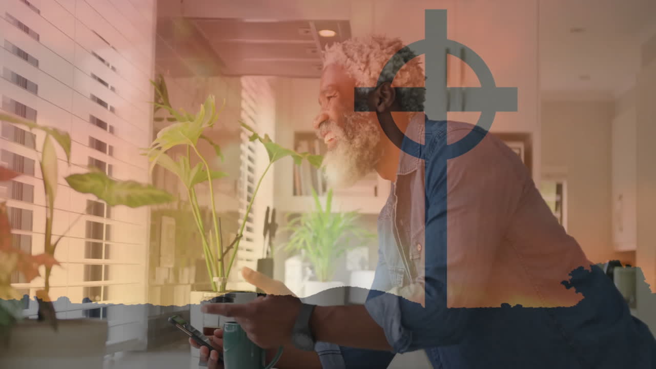 Elderly man enjoying morning coffee at home with cross overlay animation