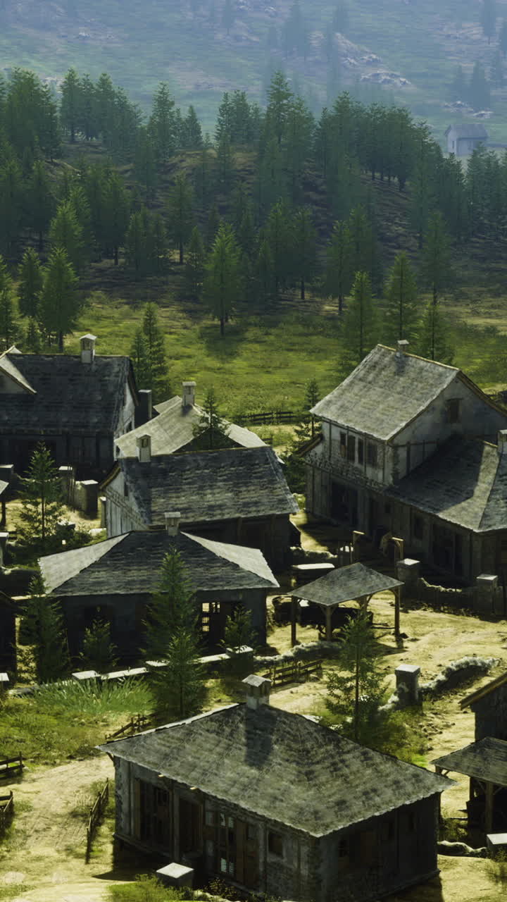 Abandoned village nestled in the forest during a tranquil sunrise
