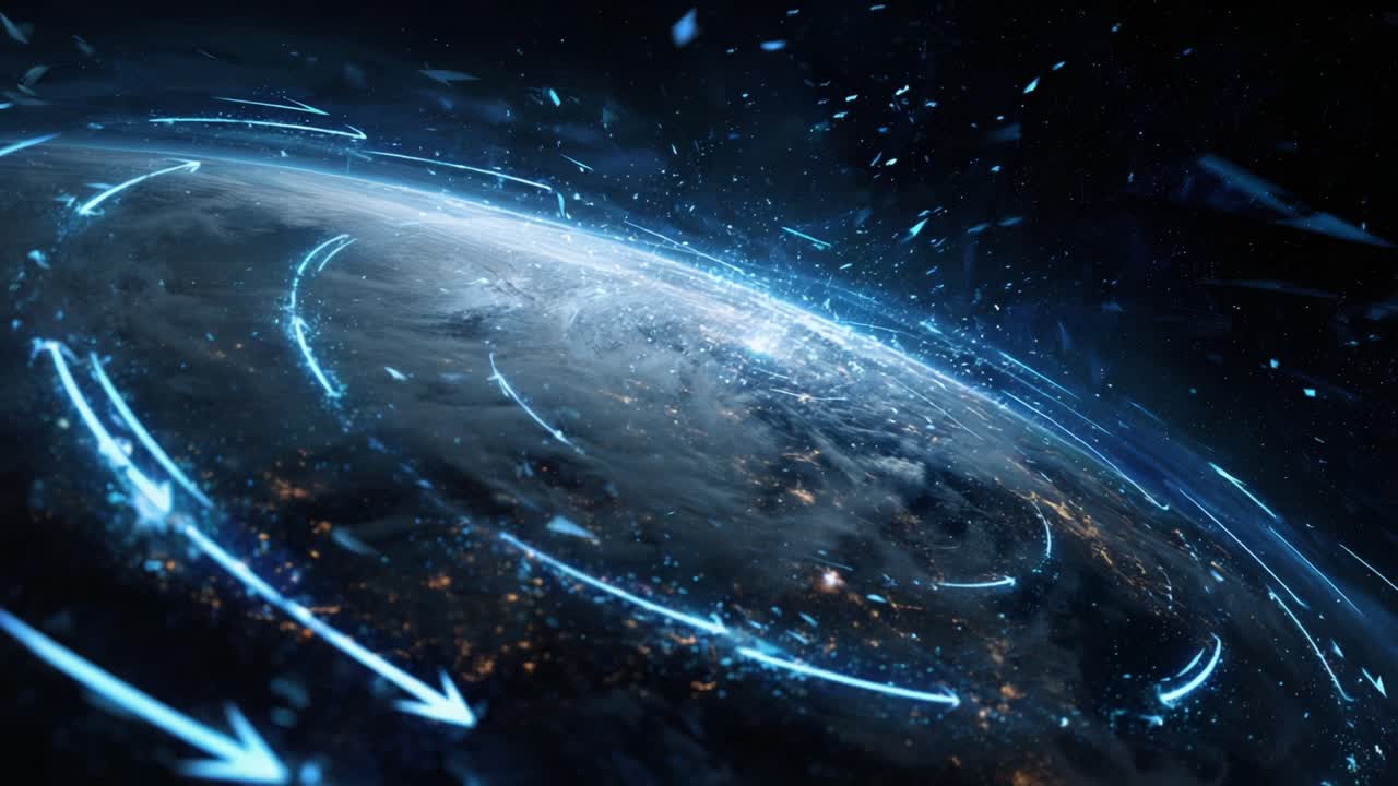 Digital animation of planet Earth viewed from space at night, with glowing blue arrows circling the globe, representing international data transfer, financial transactions, and global communication