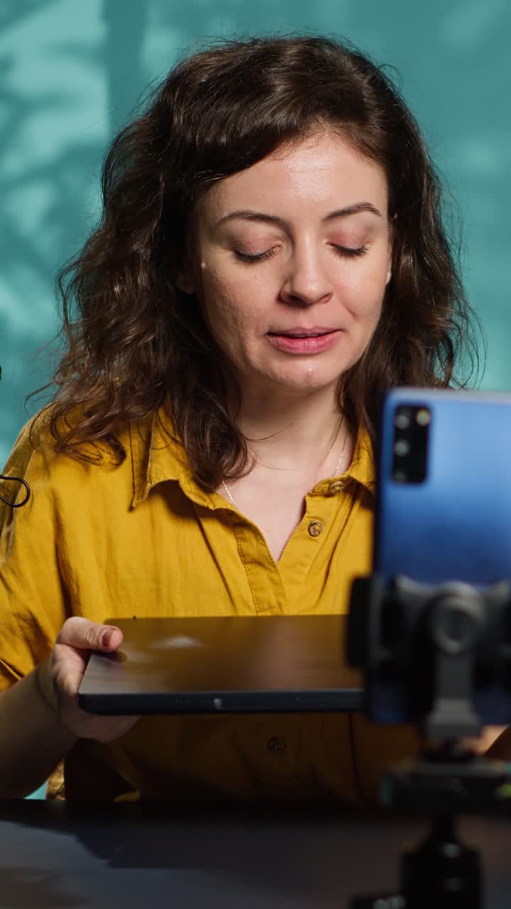 Vlogger Wanita Bahagia Merekam Podcast dengan Laptop dan Mikrofon