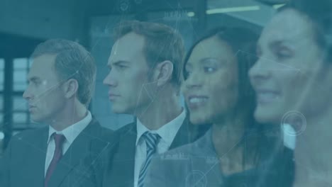 animation of network of connections over diverse businesspeople smiling together at office