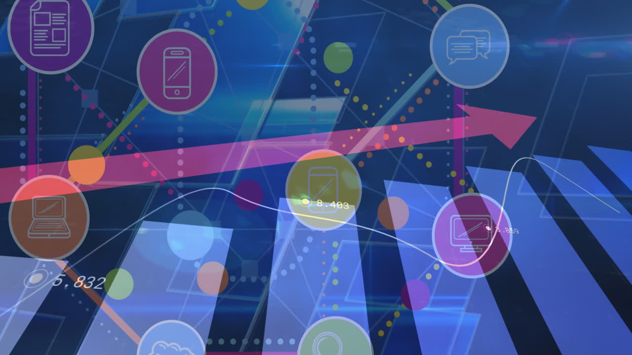 백그라운드에서 핑크색 화살표를 가리키는 통계 위의 디지털 아이콘의 애니메이션