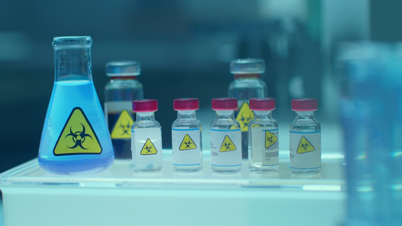 Vials and Flask with Biohazard Stickers in Laboratory