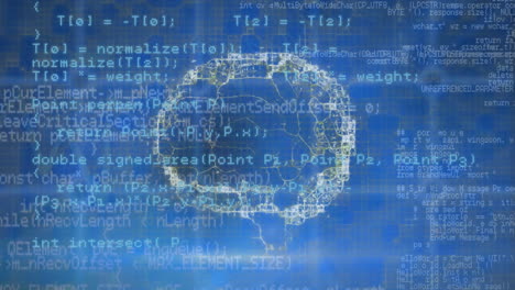 Animation of spinning human brain icon and data processing against blue background