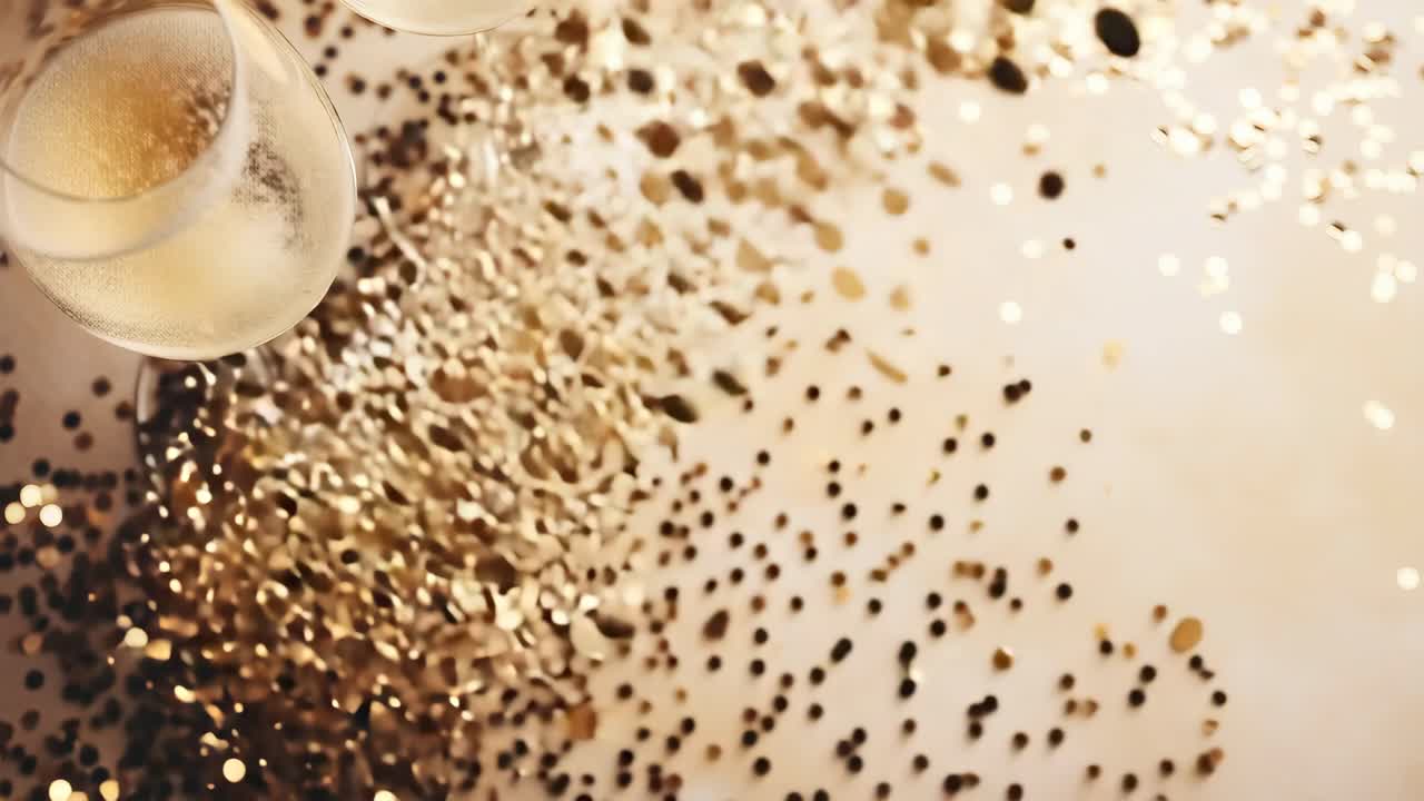 Ripresa video dall'alto di calici di champagne con coriandoli dorati sparsi, che crea un'atmosfera festiva