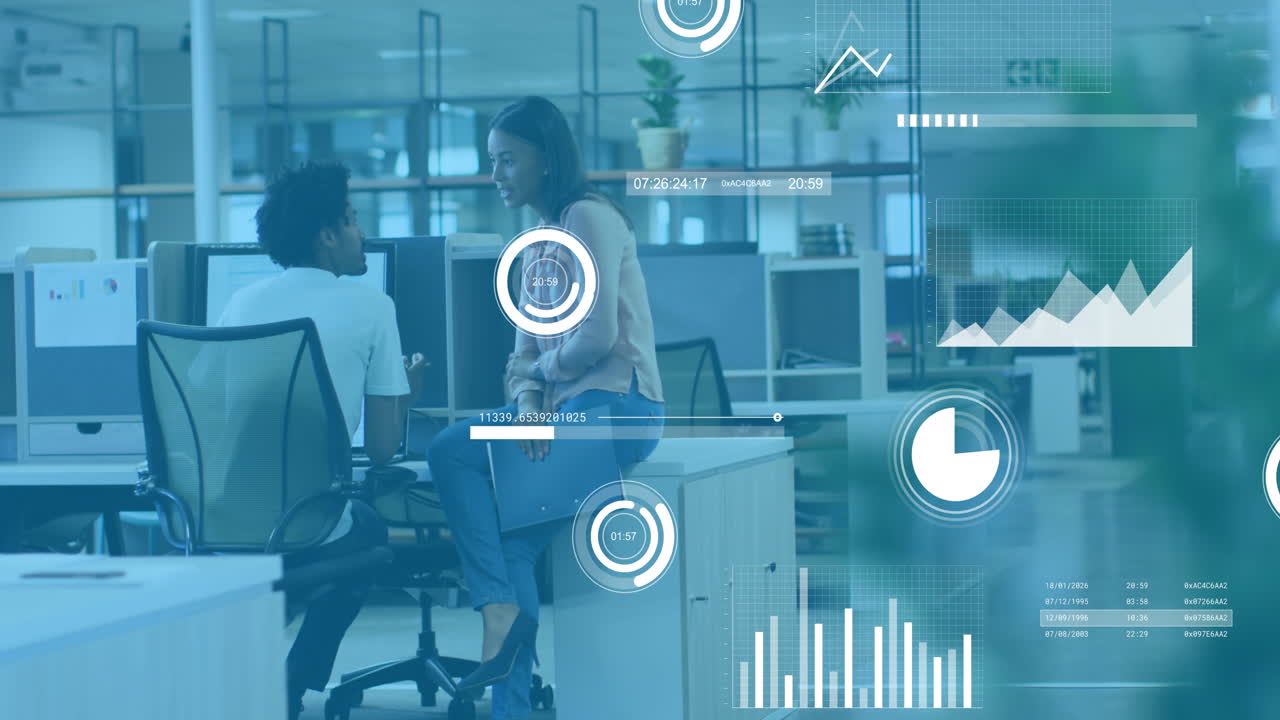 Animation of graphs, loading bars and circles over diverse coworkers sharing ideas on desk