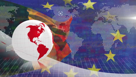 animazione del globo e della mappa del mondo sopra le bandiere dell'ue e della francia