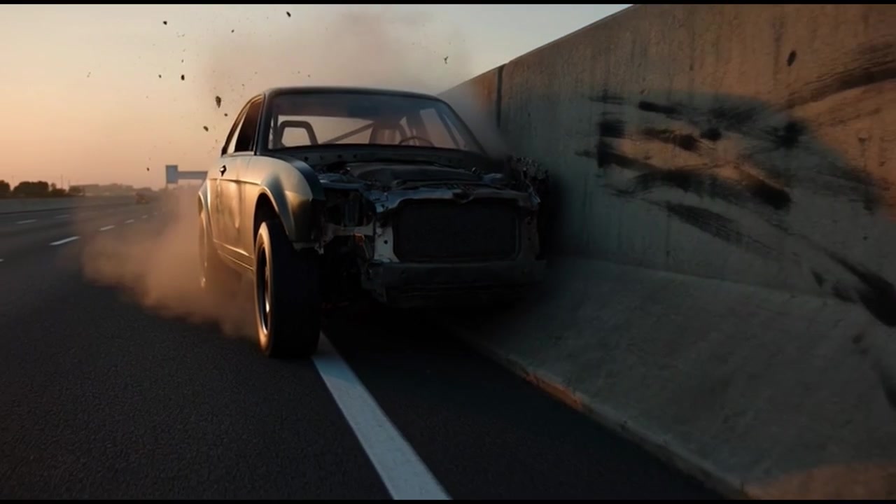 Auto danneggiata che raschia contro una barriera autostradale in cemento al tramonto.