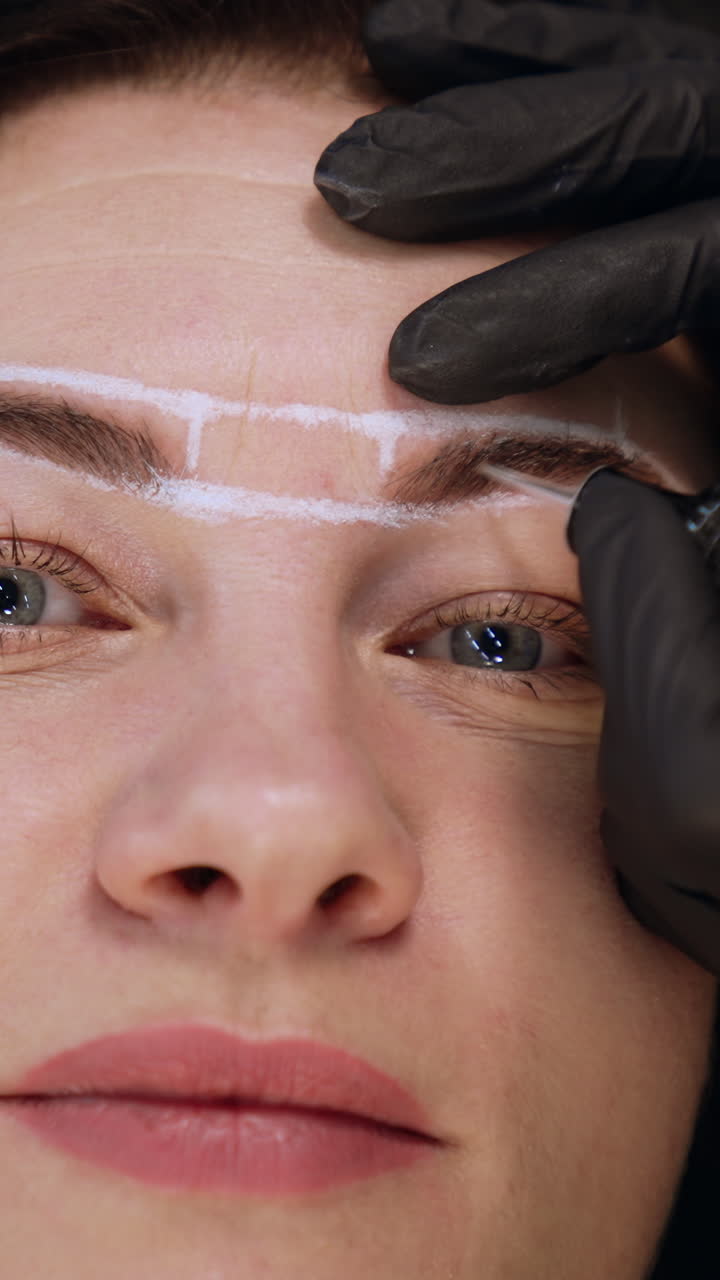 Hands of cosmetologist in black gloves hold the special tool for permanent eyebrow make up. Close up. Blurred backdrop. Vertical video