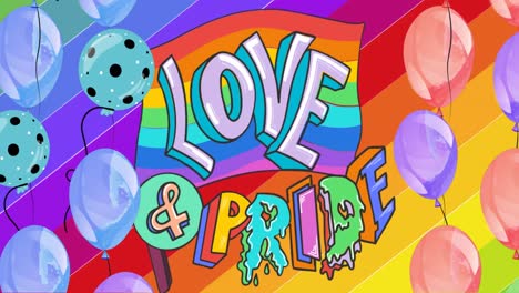 animación de globos sobre el texto de amor y orgullo con fondo de arco iris
