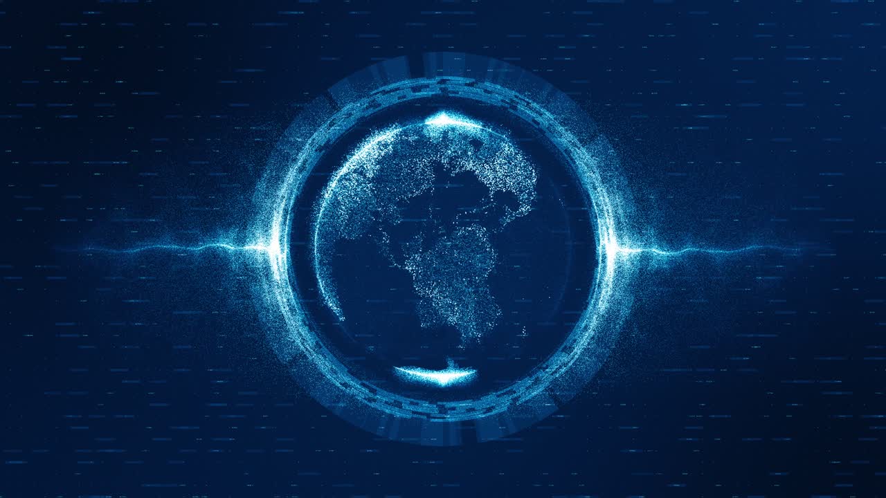 Motion graphic of Blue digital earth sphere futuristic technology icon with blue energy particles ball and circle rotation abstract backgrounds seamless loop video
