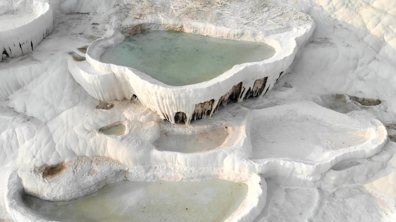 Aerial View of White Travertine Terraces and Thermal Pools in Pamukkale