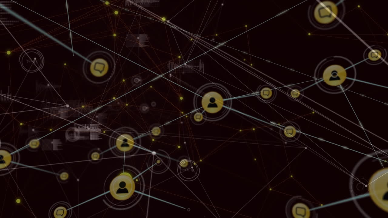 Animation of network of connections with icons and data processing on black background