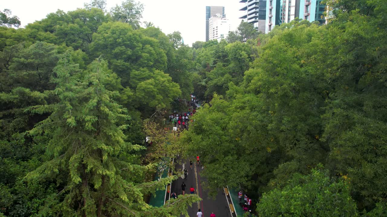 toma de drones de los corredores de la maratón de la ciudad de méxico mientras pasan por la ciudad