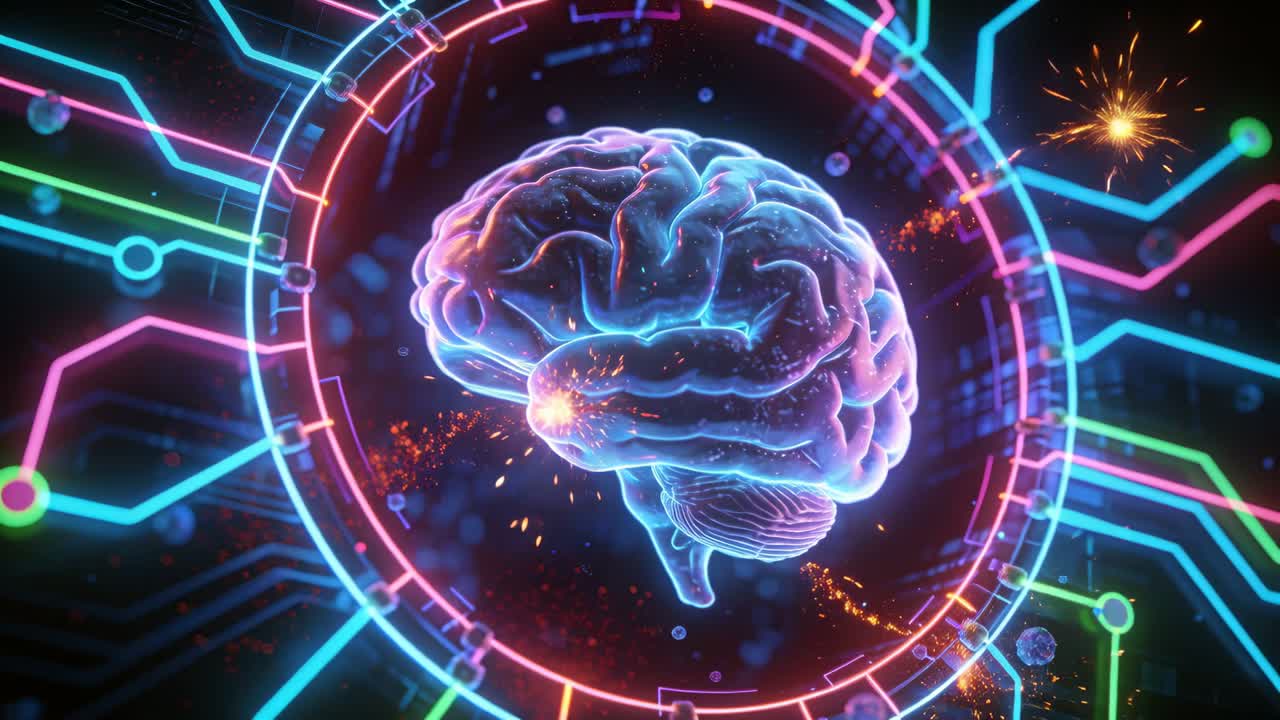 Revealing brain rotating and pulsing at HUD ring, visualizing neural activity with circuits