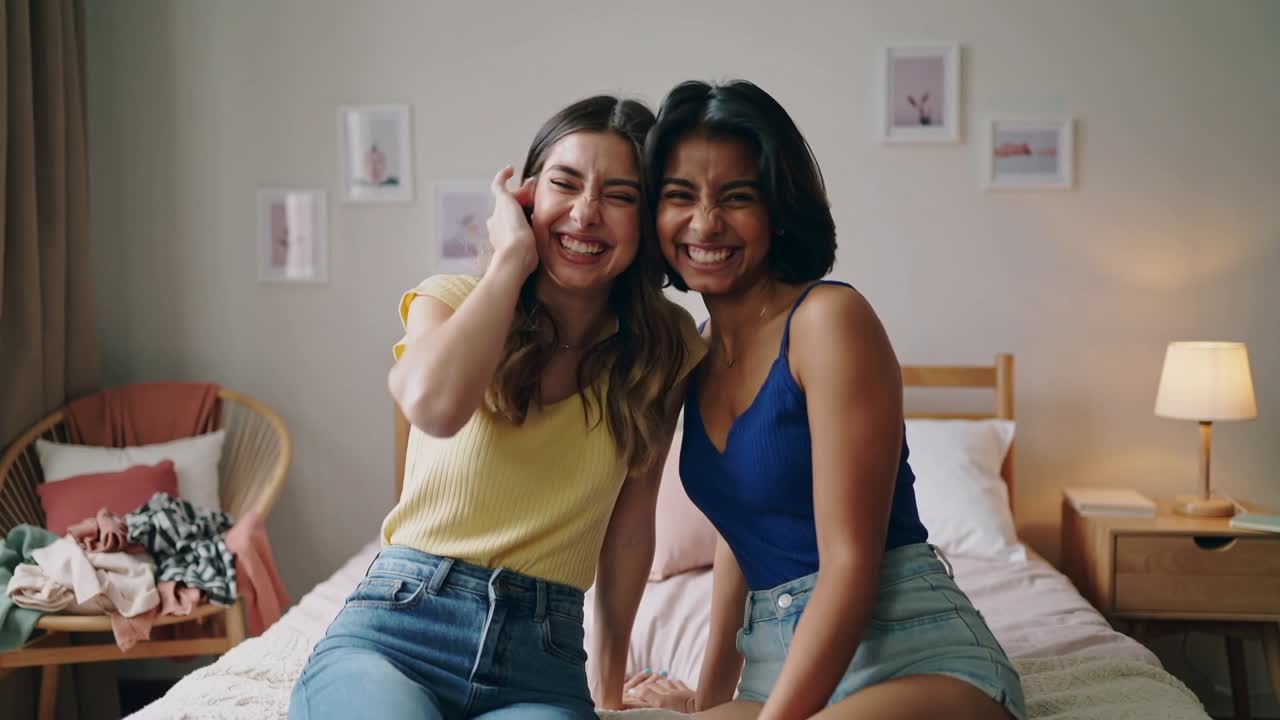 La donna a sinistra saluta con la mano, due donne sedute sul letto salutano la telecamera, ridono e si avvicinano in modo conviviale.