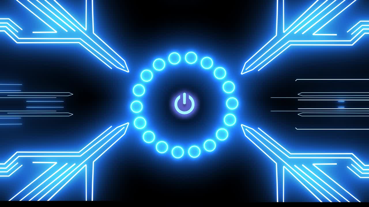빛나는 네온 라인 전원 버튼 아이콘은 검은 바탕에 고립되어 있습니다. 시작 표지. 그래픽 애니메이션.