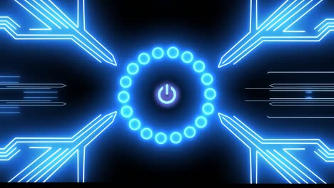 icono de botón de encendido de línea de neón brillante aislado en fondo negro. signo de inicio. animación gráfica.