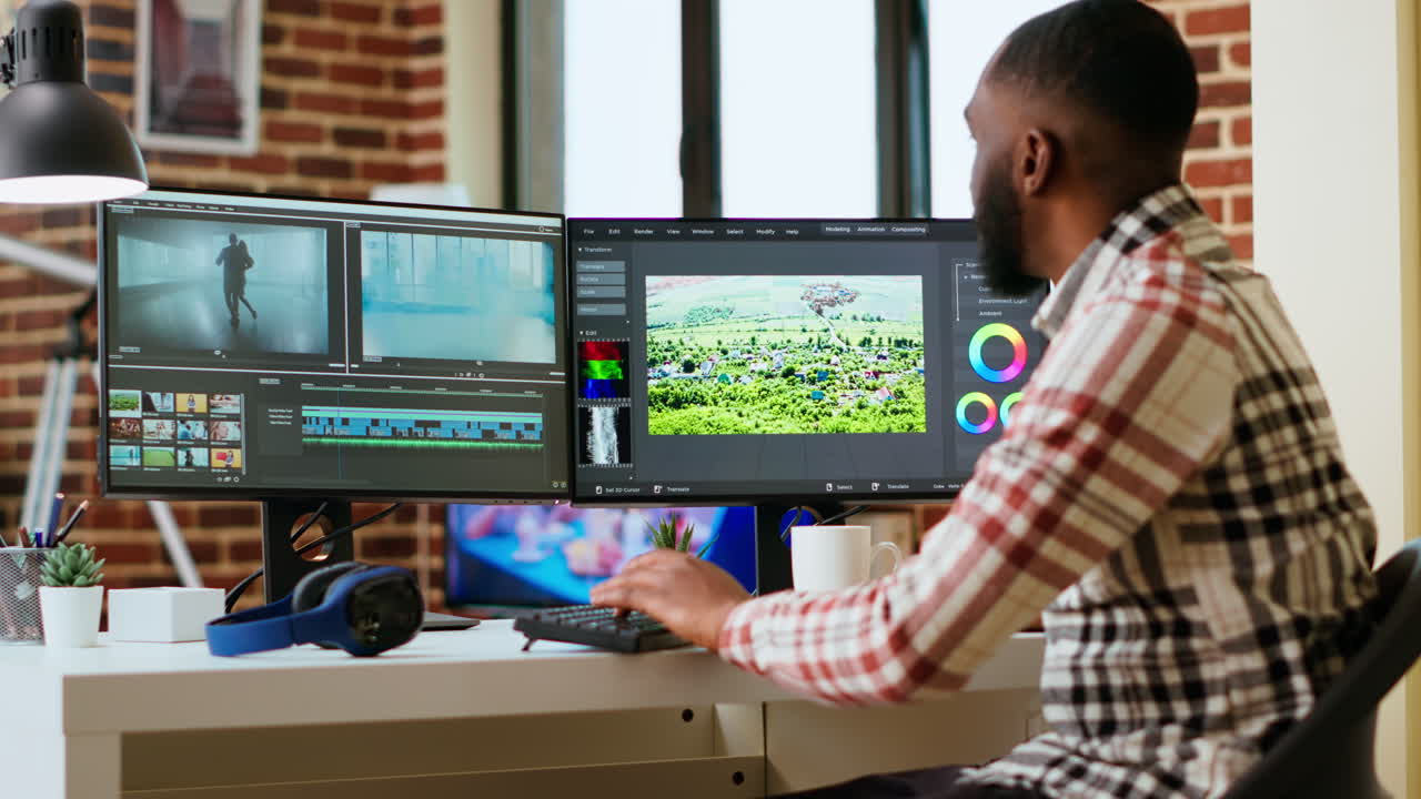 African american man video editor working in video production industry