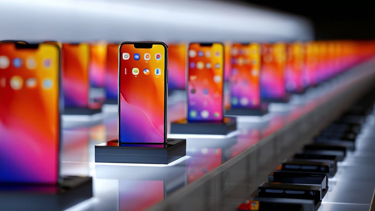 A Contemporary Display of Mobile Devices Showcasing Vibrant Screens, Artful Arrangement with Colorful Backgrounds Illuminating Innovative Technology in a Stylish Setting