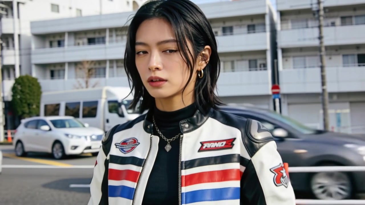 行き交う車を眺めるアジア人女性が、都会の舗道で顔を振り向くと、バイカージャケットとネックレスが現れる。