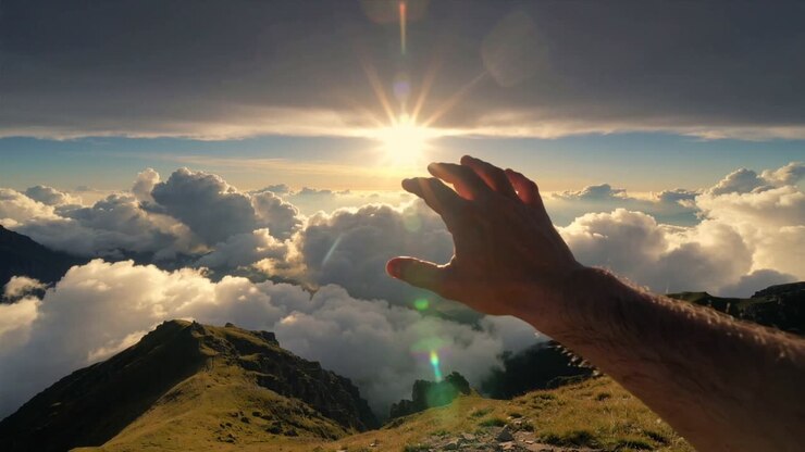Mano di un travel creator che si protende verso il sole basso sopra la cresta di un mare di nuvole, il sole che attrae la mano, un bagliore che l'abbraccia.