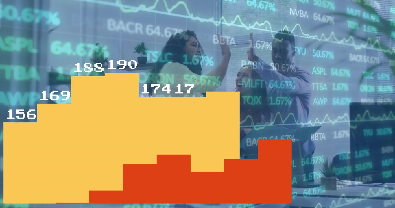 Various business people interacting with a stock market diagram