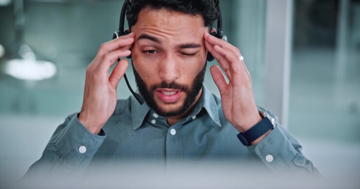 Stressed Customer Service Representative Rubbing Eyes in Office
