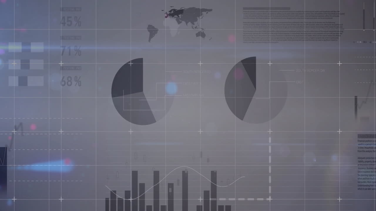 Animated flat design dashboard showing two pie charts with map silhouette and bar chart trend line