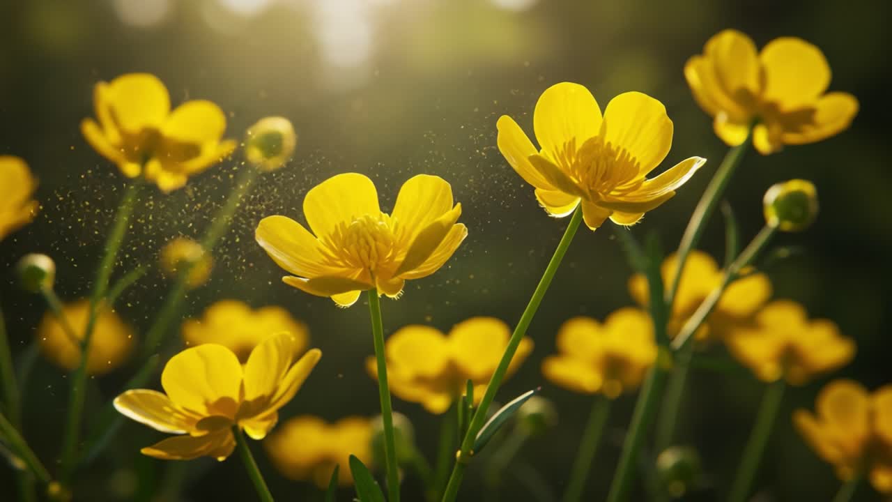 Et levende skue af smørblomster badet i blødt gyldent lys, der oplyser naturens skønhed og fanger essensen af en fredfyldt havemorgen.