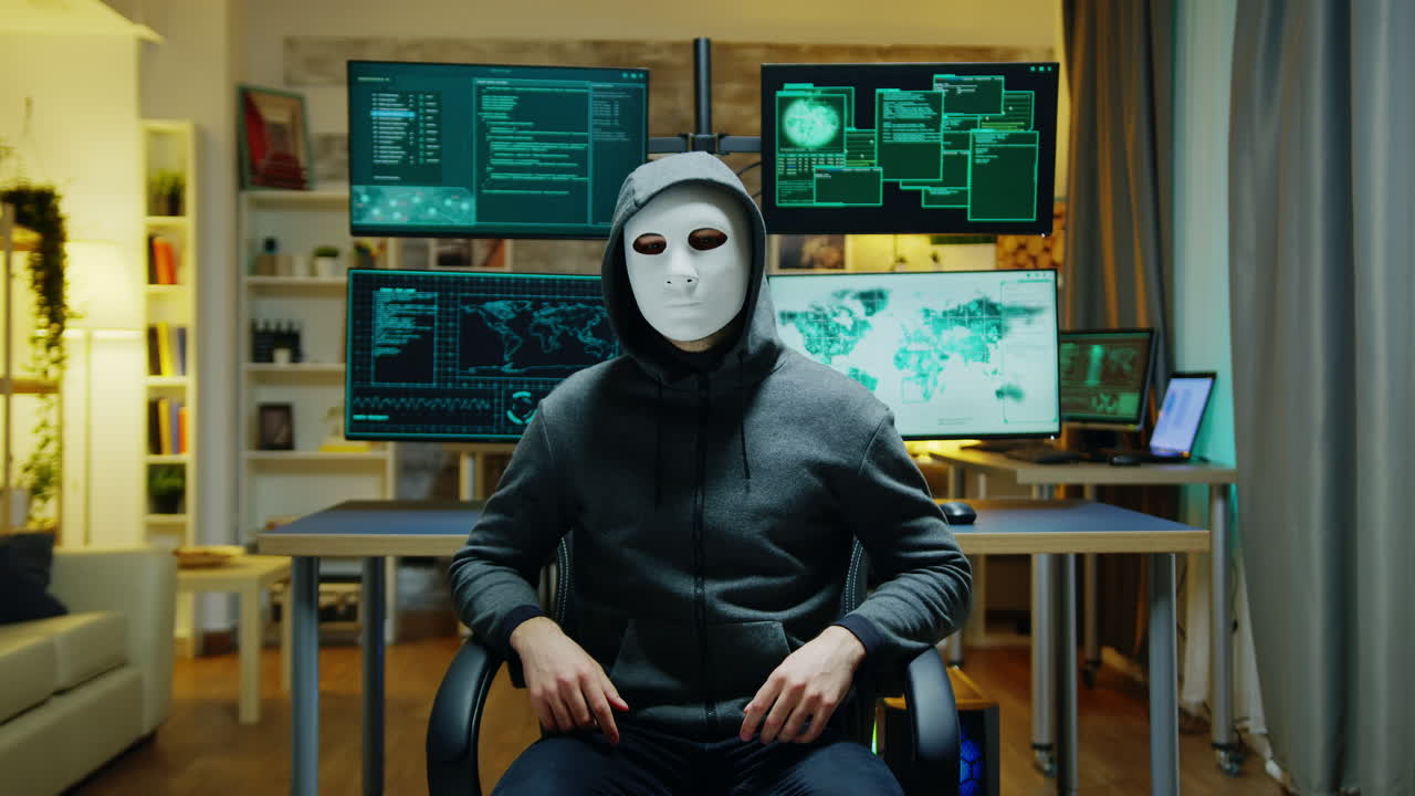 Cyber criminal wearing a white mask using augmented reality