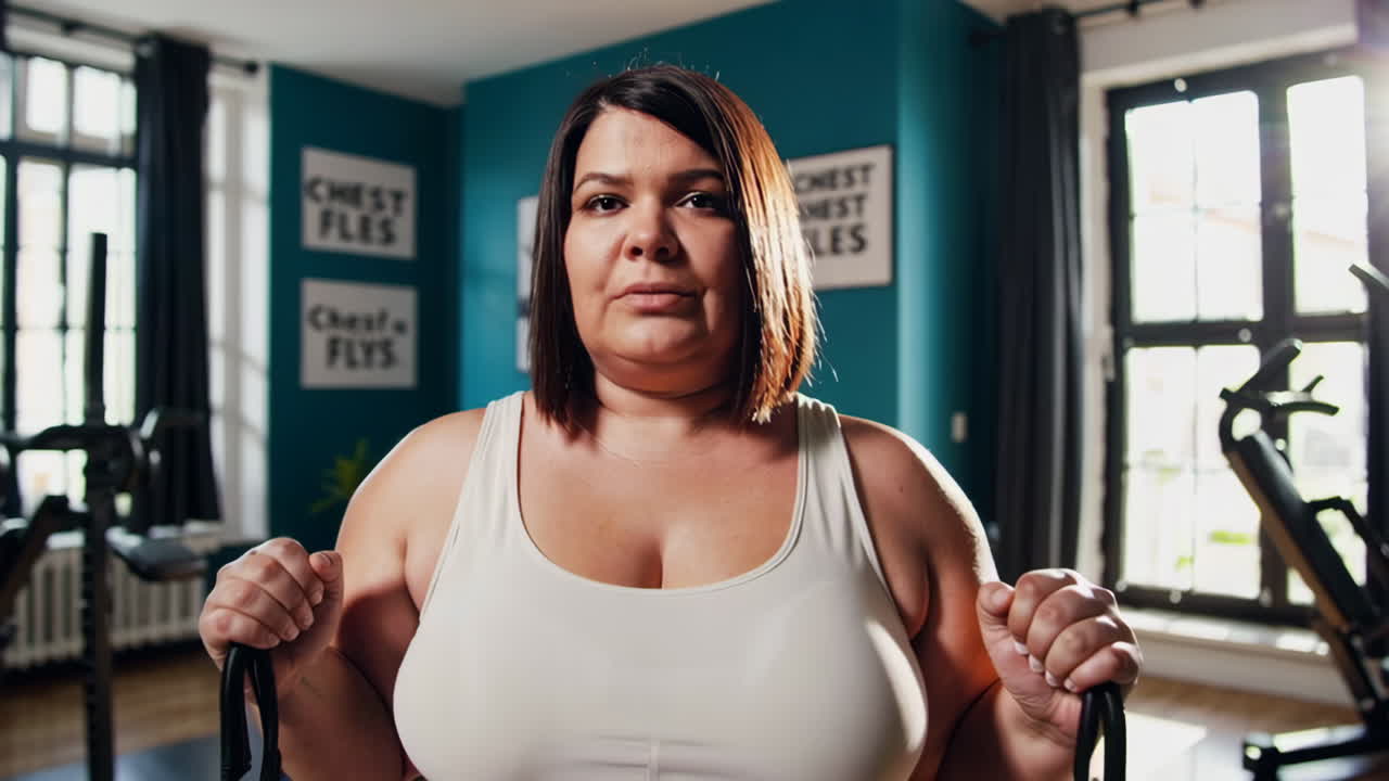 Plus-size woman doing chest fly workout with resistance bands in a gym