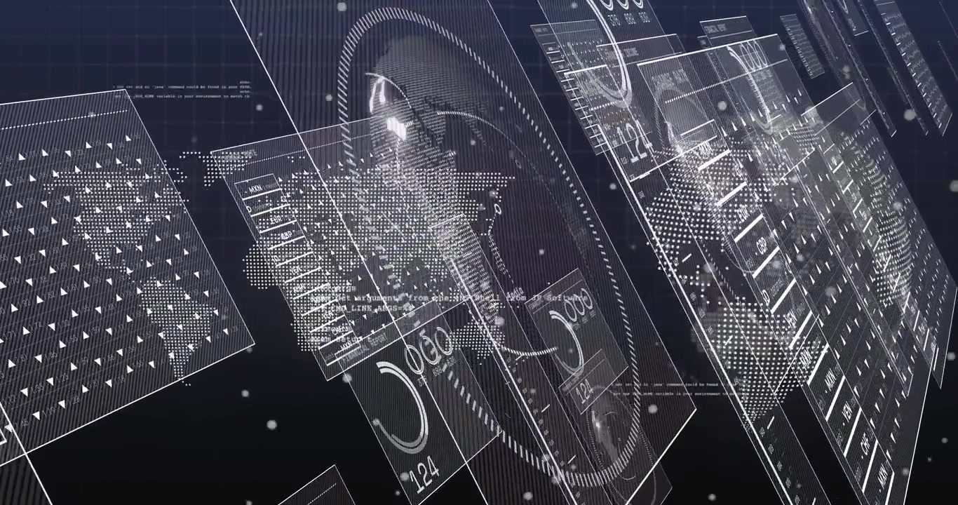 Particles activating map and panels sliding as rotating globe shifting and showing currency data